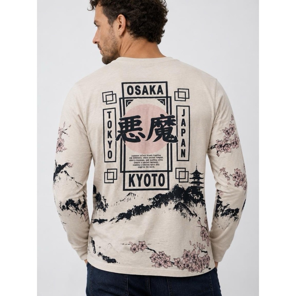 GSTR Humanity Japan Allover Graphic Long Sleeve Top Osaka Tokyo Kyoto Mens Sz M